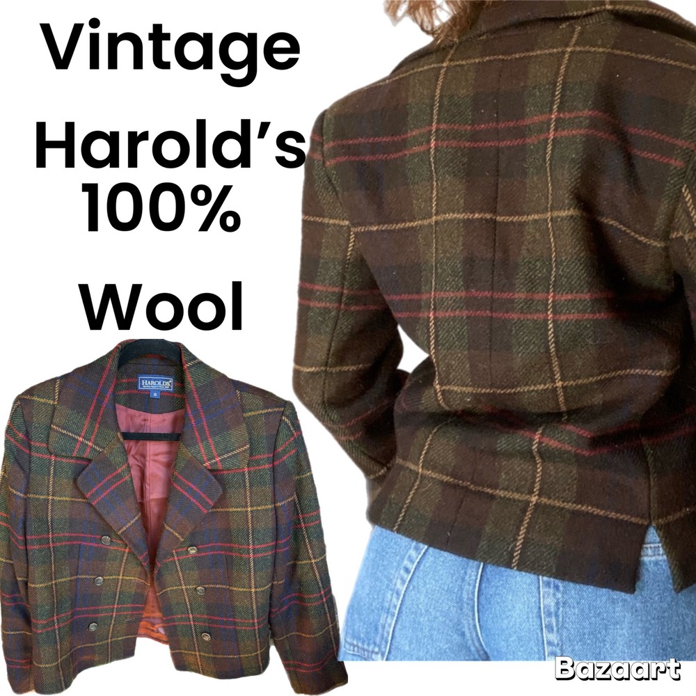 Vintage Harold's 100% WOOL Blazer Long sleeve Jacket Blouse Equestrian Plaid Top